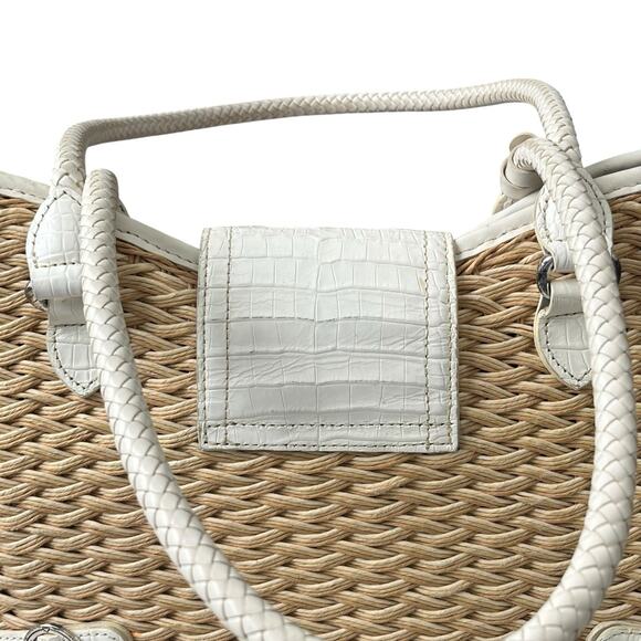 Vtg Brighton Shoulder Bag Basket Weave Croc Embossed Leather Trim Magnetic Close - Picture 3 of 12
